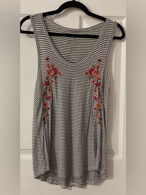 American Eagle Outfitters Black & White Striped Tank with Pink Floral Embroidery